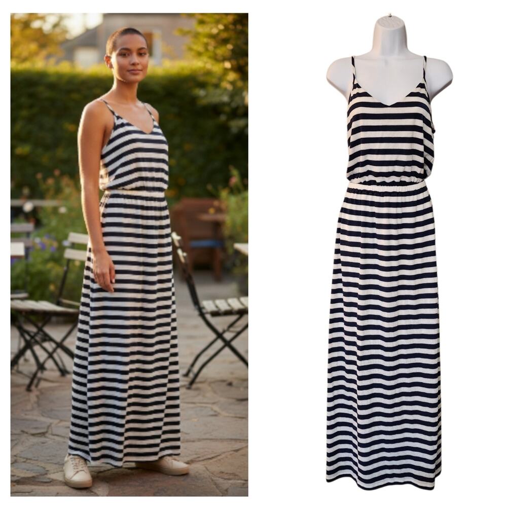 Chelsea & Theodore Womens Maxi Dress Size S Blue White Striped Lined Eyelet